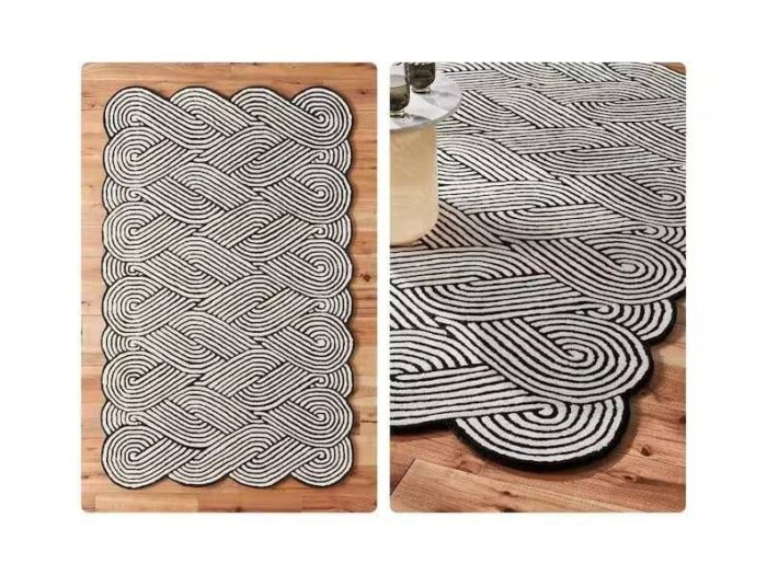 Minimalist Braided Pattern Rug – Hand Tufted Black and White Carpet Black and white braided pattern rug with minimalist design – hand tufted wool carpet