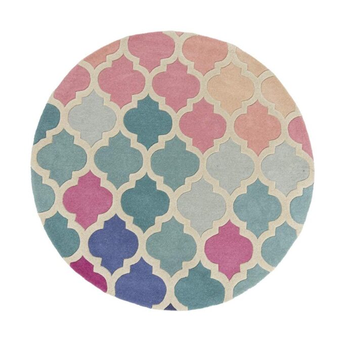 ILLUSION-ROSELLA-PINK-BLUE Round Pastel Moroccan Trellis Rug – Hand Tufted Wool Carpet for Living Room - Image 5