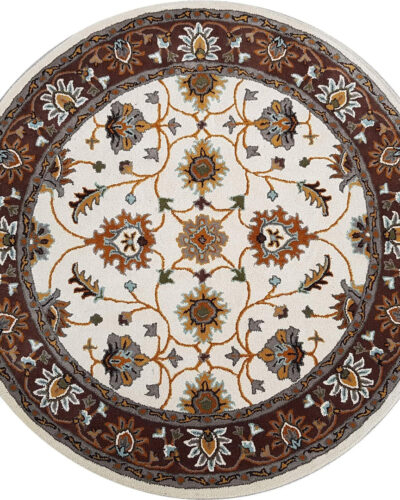 Ivory & Brown Floral Round Rug – Hand Tufted Traditional Carpet