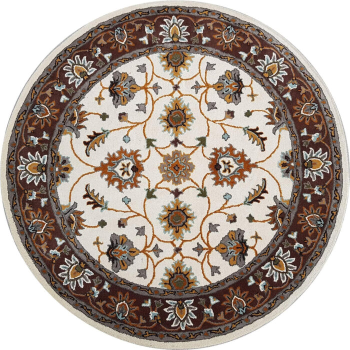 1 Ivory & Brown Floral Round Rug – Hand Tufted Traditional Carpet