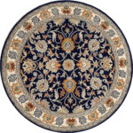 Navy Blue Round Persian Wool Rug with Floral Medallion – Hand Tufted Traditional Carpet from India