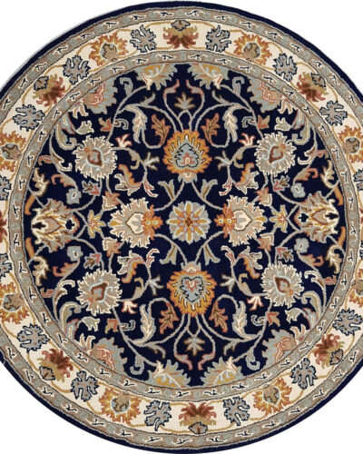 Navy Blue Round Persian Wool Rug with Floral Medallion – Hand Tufted Traditional Carpet from India