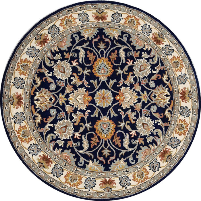 1 Navy Blue Round Persian Wool Rug with Floral Medallion – Hand Tufted Traditional Carpet from India