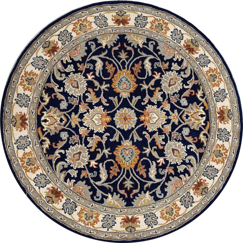 Navy Blue Round Persian Wool Rug with Floral Medallion – Hand Tufted Traditional Carpet from India