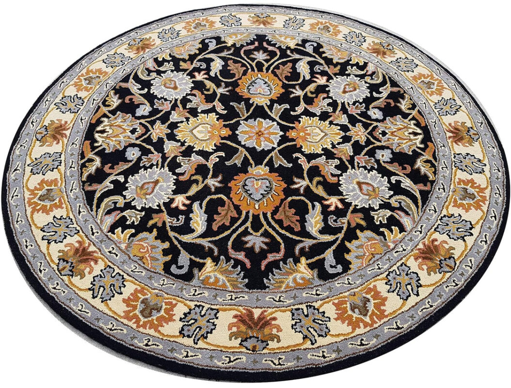 Round Black Floral Hand Tufted Rug – Artistic Wool Carpet for Living Room & Bedroom