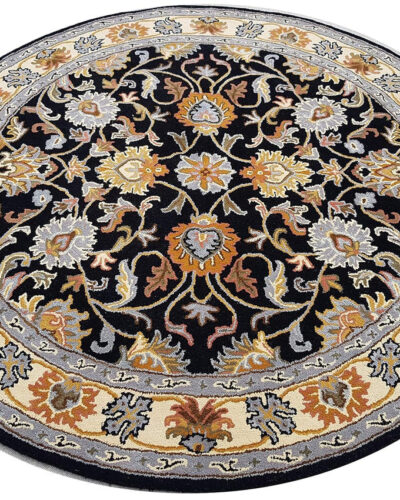 Round Black Floral Hand Tufted Rug – Artistic Wool Carpet for Living Room & Bedroom
