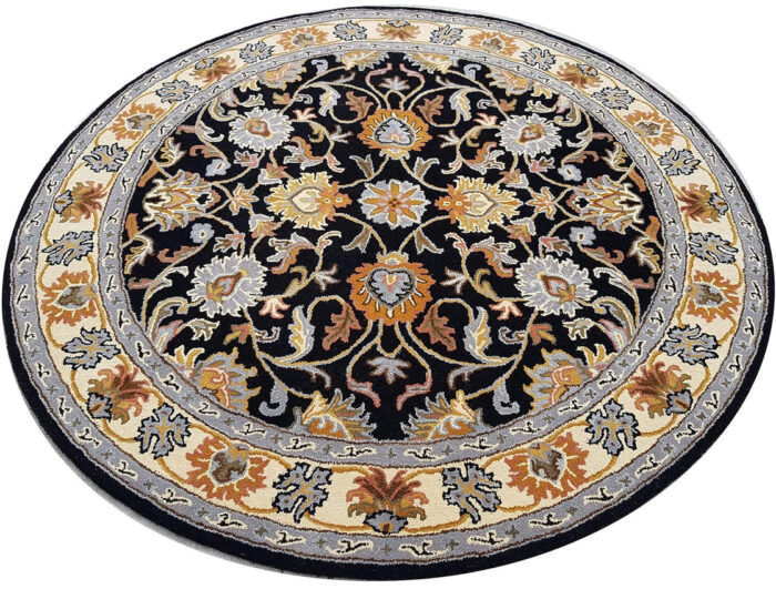 1 Round Black Floral Hand Tufted Rug – Artistic Wool Carpet for Living Room & Bedroom