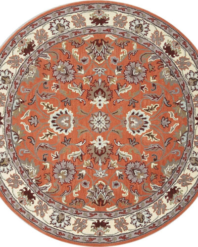 Burnt Orange Round Hand Tufted Oriental Rug – Traditional Floral Wool Carpet