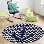 Navy blue round rug with white chevron pattern and anchor design, perfect for nautical-themed decor