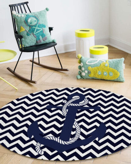Navy blue round rug with white chevron pattern and anchor design, perfect for nautical-themed decor
