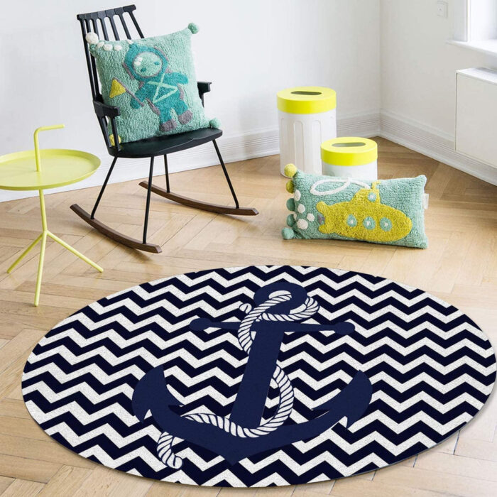 1 Navy blue round rug with white chevron pattern and anchor design, perfect for nautical-themed decor