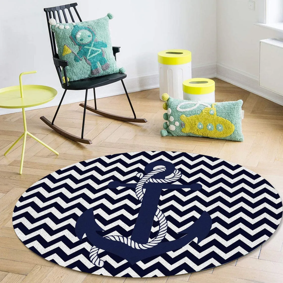 Navy blue round rug with white chevron pattern and anchor design, perfect for nautical-themed decor