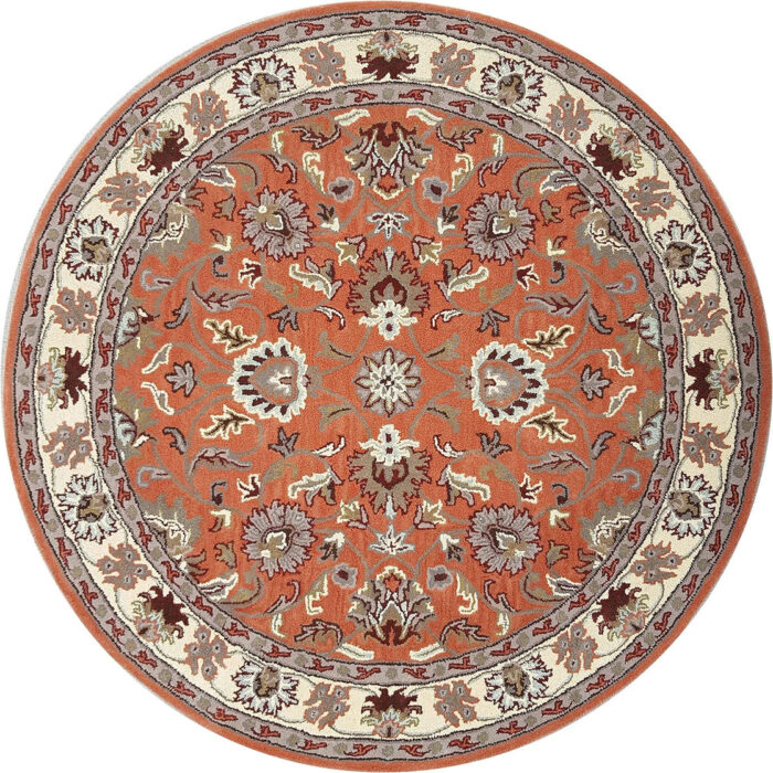 Burnt Orange Round Hand Tufted Oriental Rug – Traditional Floral Wool Carpet