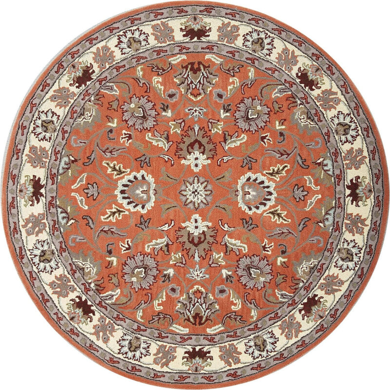 Burnt Orange Round Hand Tufted Oriental Rug – Traditional Floral Wool Carpet