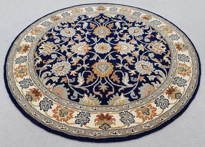 2 Navy Blue Round Persian Wool Rug with Floral Medallion – Hand Tufted Traditional Carpet from India