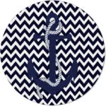 Navy blue round rug with white chevron pattern and anchor design, perfect for nautical-themed decor