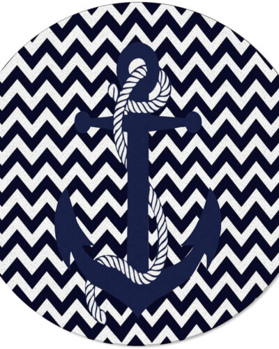 Navy blue round rug with white chevron pattern and anchor design, perfect for nautical-themed decor