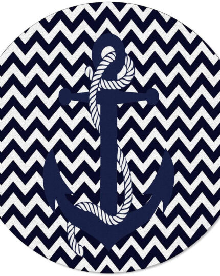 Navy blue round rug with white chevron pattern and anchor design, perfect for nautical-themed decor