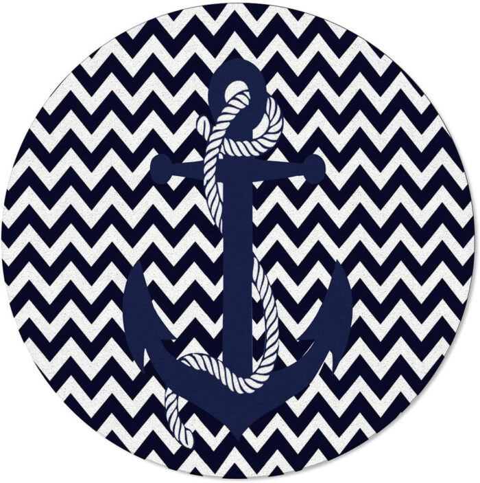 2 Navy blue round rug with white chevron pattern and anchor design, perfect for nautical-themed decor