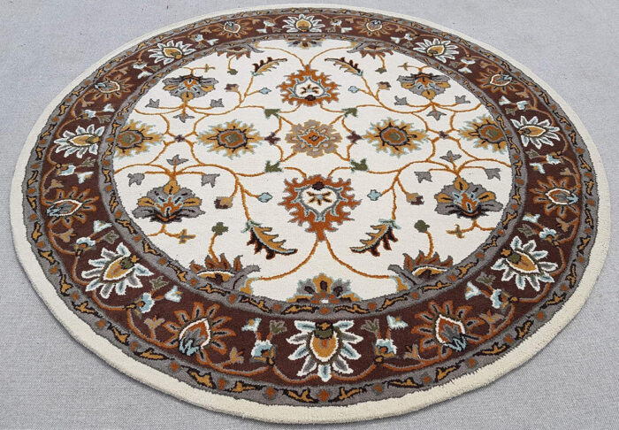 2 Ivory & Brown Floral Round Rug – Hand Tufted Traditional Carpet