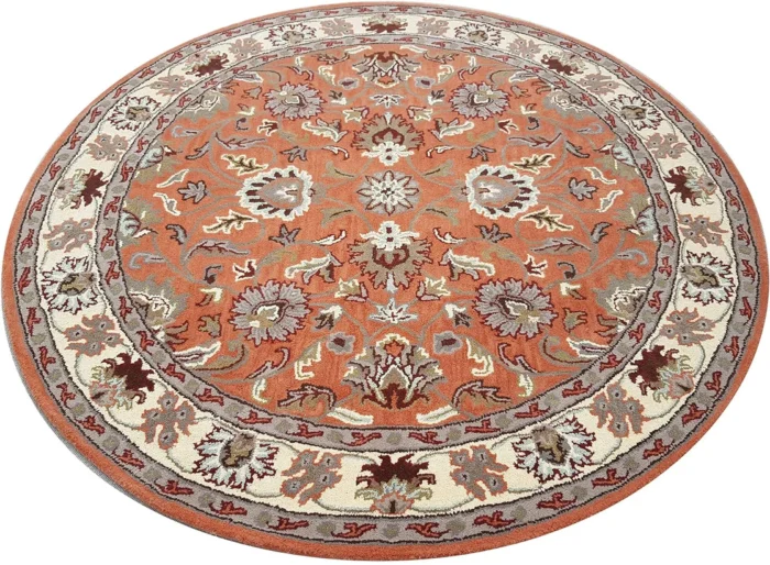 Burnt Orange Round Hand Tufted Oriental Rug – Traditional Floral Wool Carpet - Image 3
