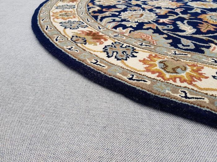 3 Navy Blue Persian Style Round Rug – Handmade Wool Floral Carpet - Image 4