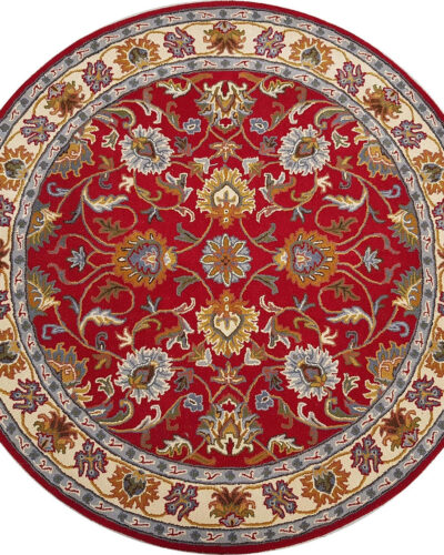 Red Round Hand Tufted Oriental Rug – Traditional Floral Wool Carpet