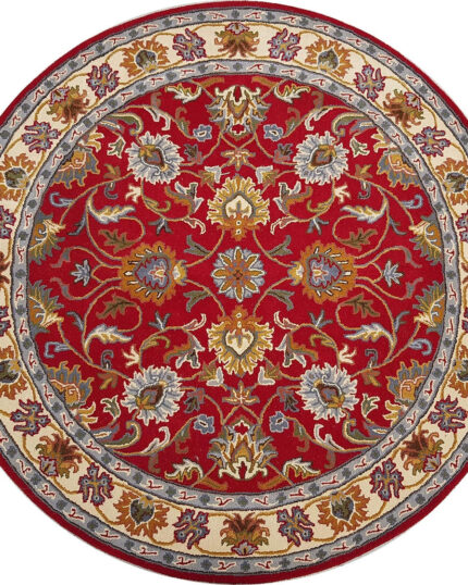 Red Round Hand Tufted Oriental Rug – Traditional Floral Wool Carpet