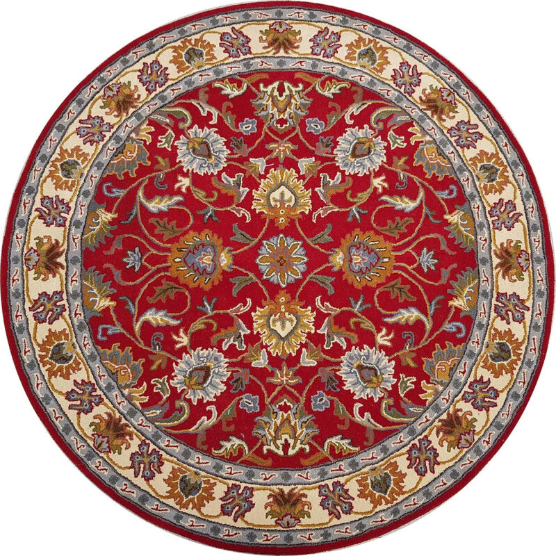 Red Round Hand Tufted Oriental Rug – Traditional Floral Wool Carpet