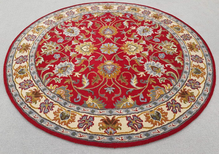 HTR009 Red Round Hand Tufted Oriental Rug – Traditional Floral Wool Carpet - Image 4