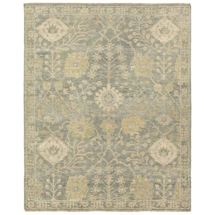 H1 Olive Green Hand Knotted Oriental Rug with Floral Pattern – 13x17 ft Custom Wool Carpet