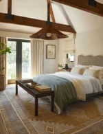 Hand knotted wool rug for bedroom in brown and beige tones