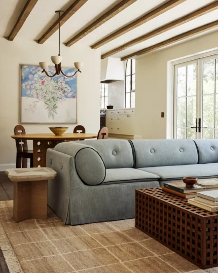 Neutral beige hand knotted rug with geometric lines