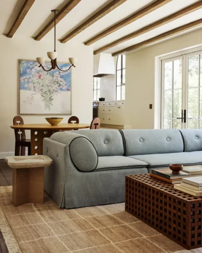 Neutral beige hand knotted rug with geometric lines