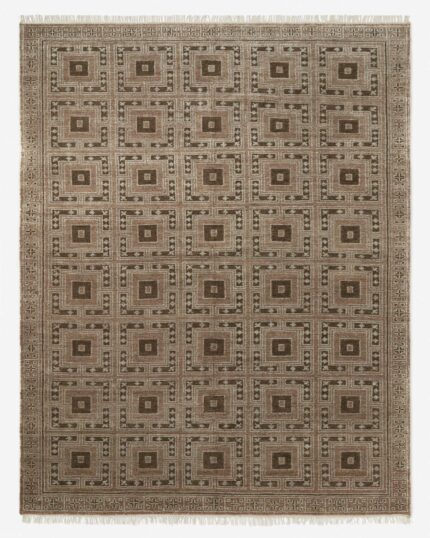 Hand knotted wool rug with geometric square pattern