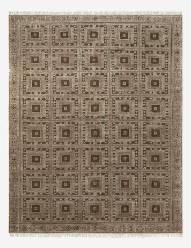 Hand knotted wool rug with geometric square pattern