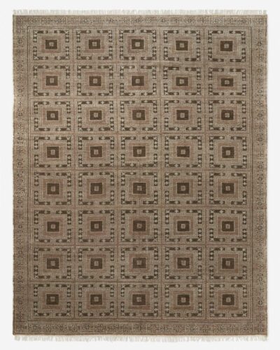 Hand knotted wool rug with geometric square pattern