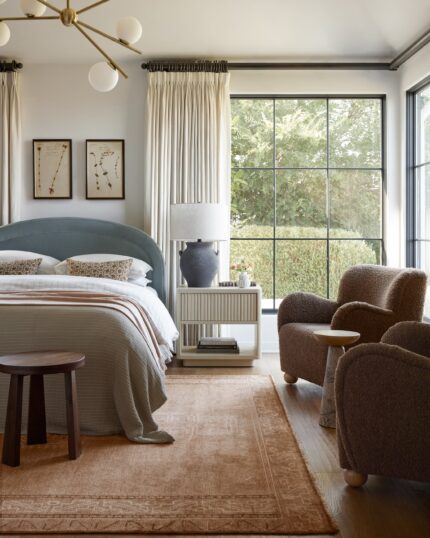 Minimalist tribal bedroom rug with hand knotted design