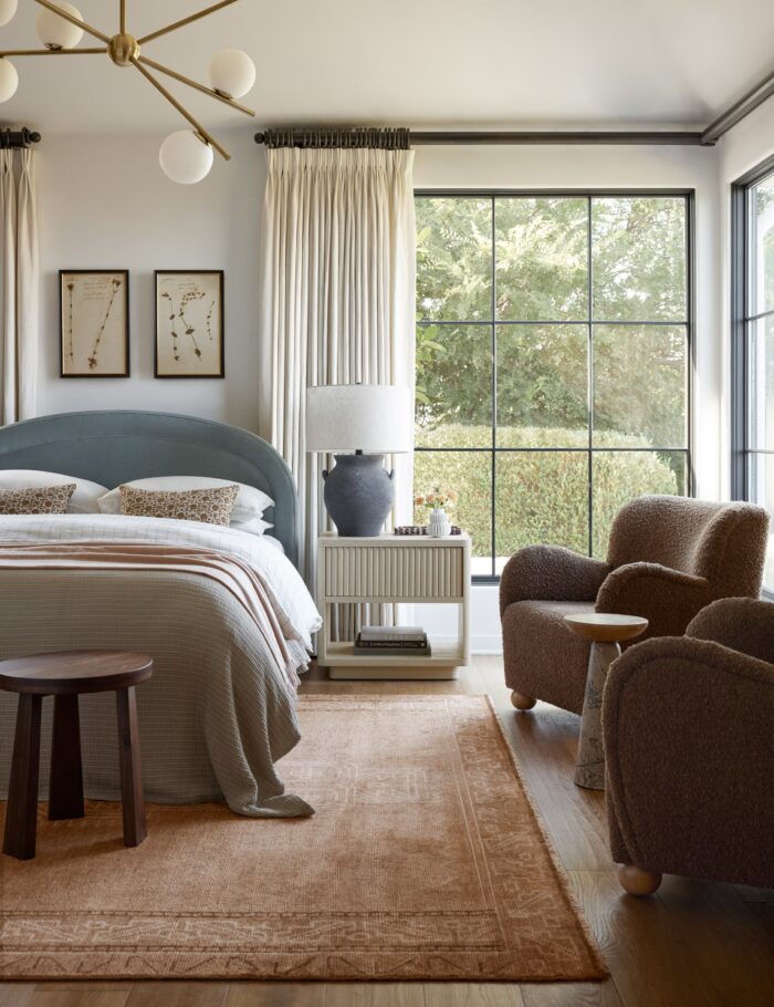 Minimalist tribal bedroom rug with hand knotted design