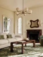 Hand knotted wool rug in green color with structured square motifs