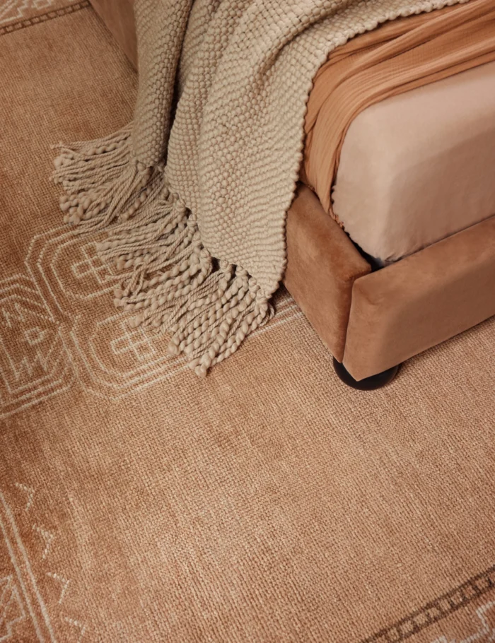 Hand knotted wool rug for cozy bedroom interior