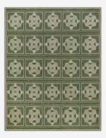 Green geometric hand knotted rug with repeating medallion pattern