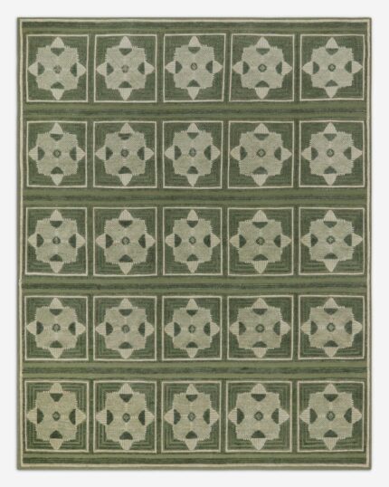 Green geometric hand knotted rug with repeating medallion pattern