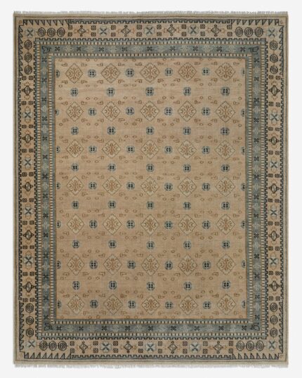 Hand knotted wool rug for bedroom in beige tribal design