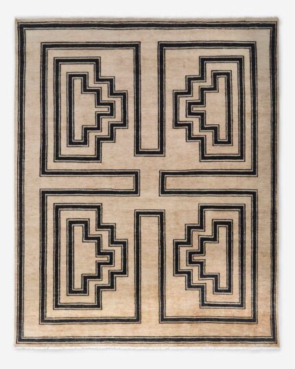 Hand knotted bedroom rug with minimalist geometric design