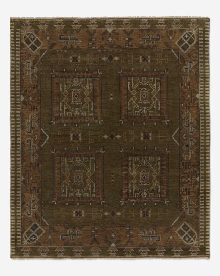 Hand knotted wool rug with tribal geometric pattern in earthy tones