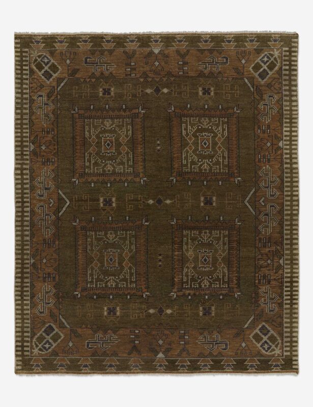 Hand knotted wool rug with tribal geometric pattern in earthy tones