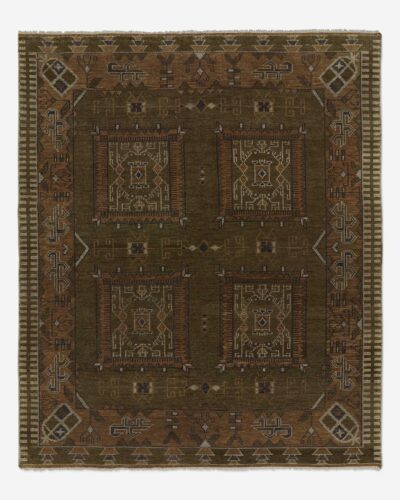Hand knotted wool rug with tribal geometric pattern in earthy tones