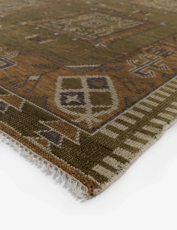 Geometric tribal hand knotted rug in brown and olive shades